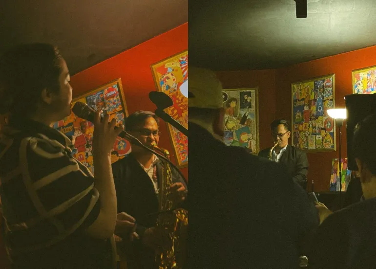 Live jazz and music performance at Blue Door 304 with pop culture artwork on the walls